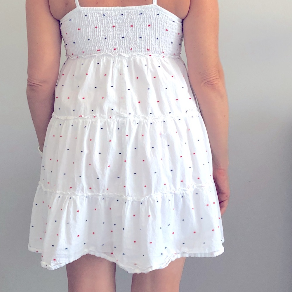 white dress perfect for July 4th bbq with blue and red stars sz M. Sim and Sam